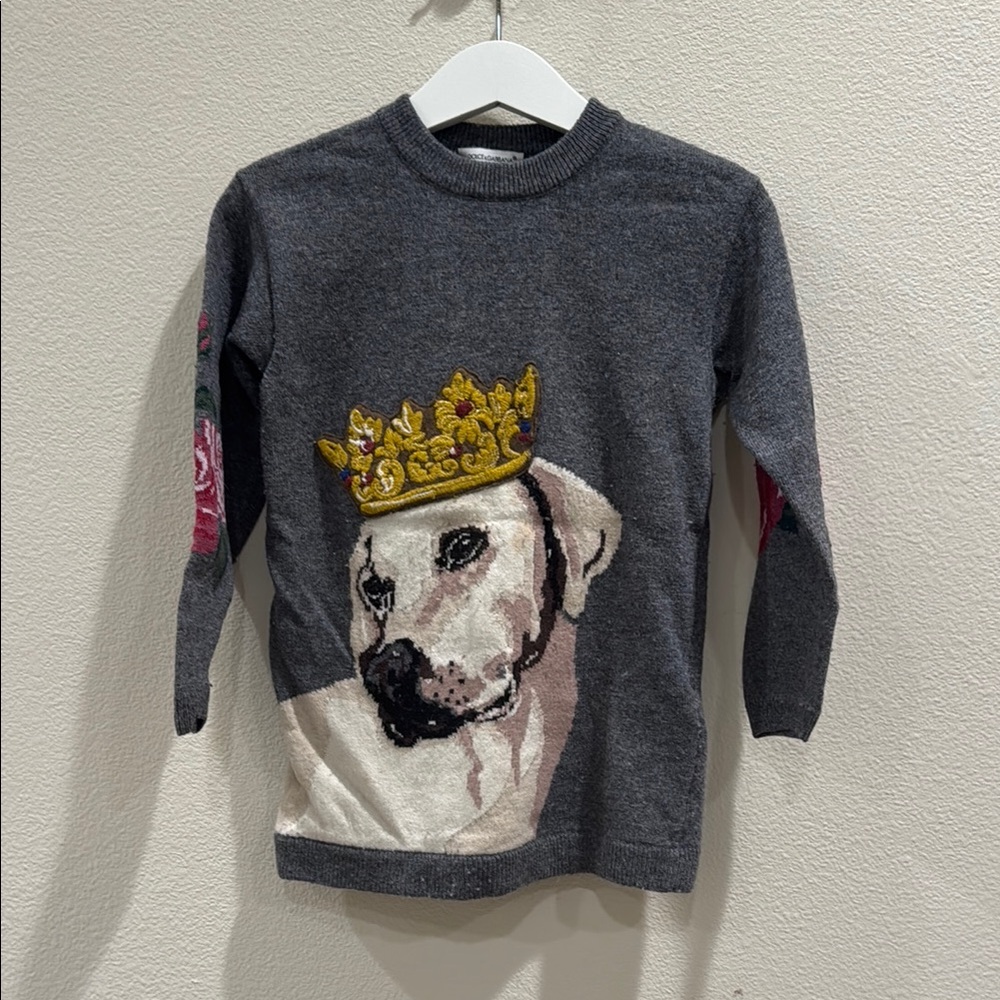 Dolce Gabbana Gray Kids Sweater with Dog and Crown Design in size 24-30 month